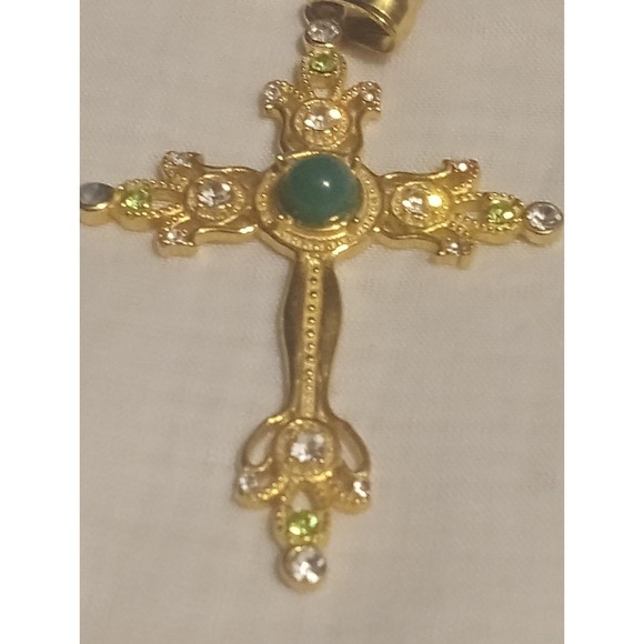 Vintage Gold Tone Cross Pendant w/ Green Cabochon Center & Clear Rhinestones... - Picture 6 of 8